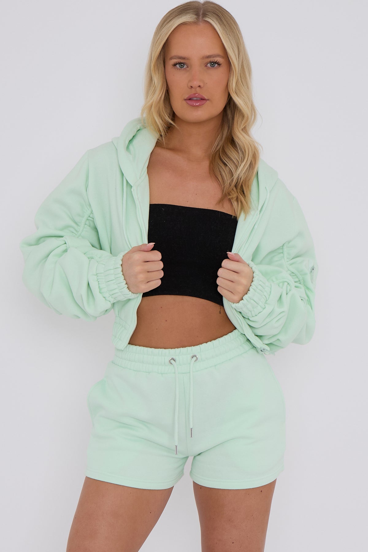 Cropped Zip Up Ruched Sleeve Hoodie & Shorts Fleece Co-ord