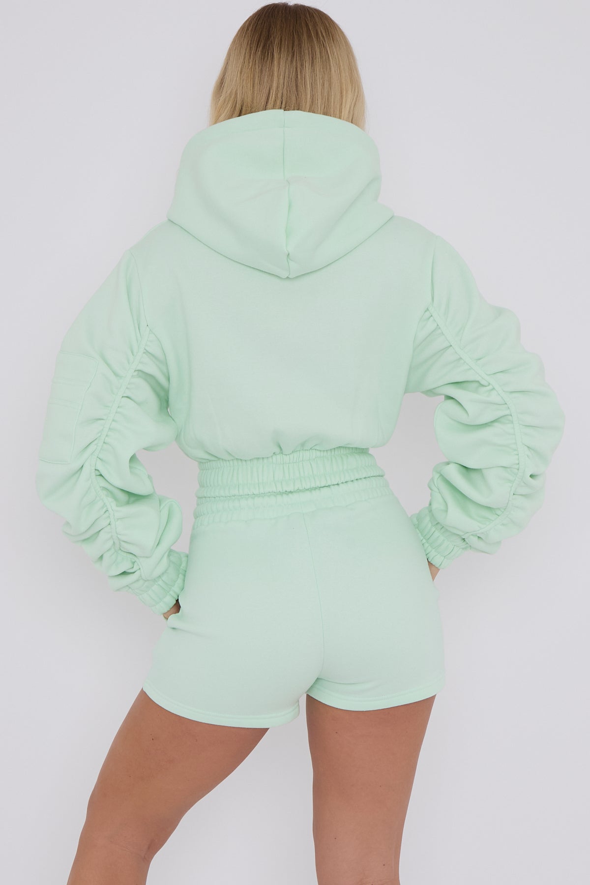 Cropped Zip Up Ruched Sleeve Hoodie & Shorts Fleece Co-ord