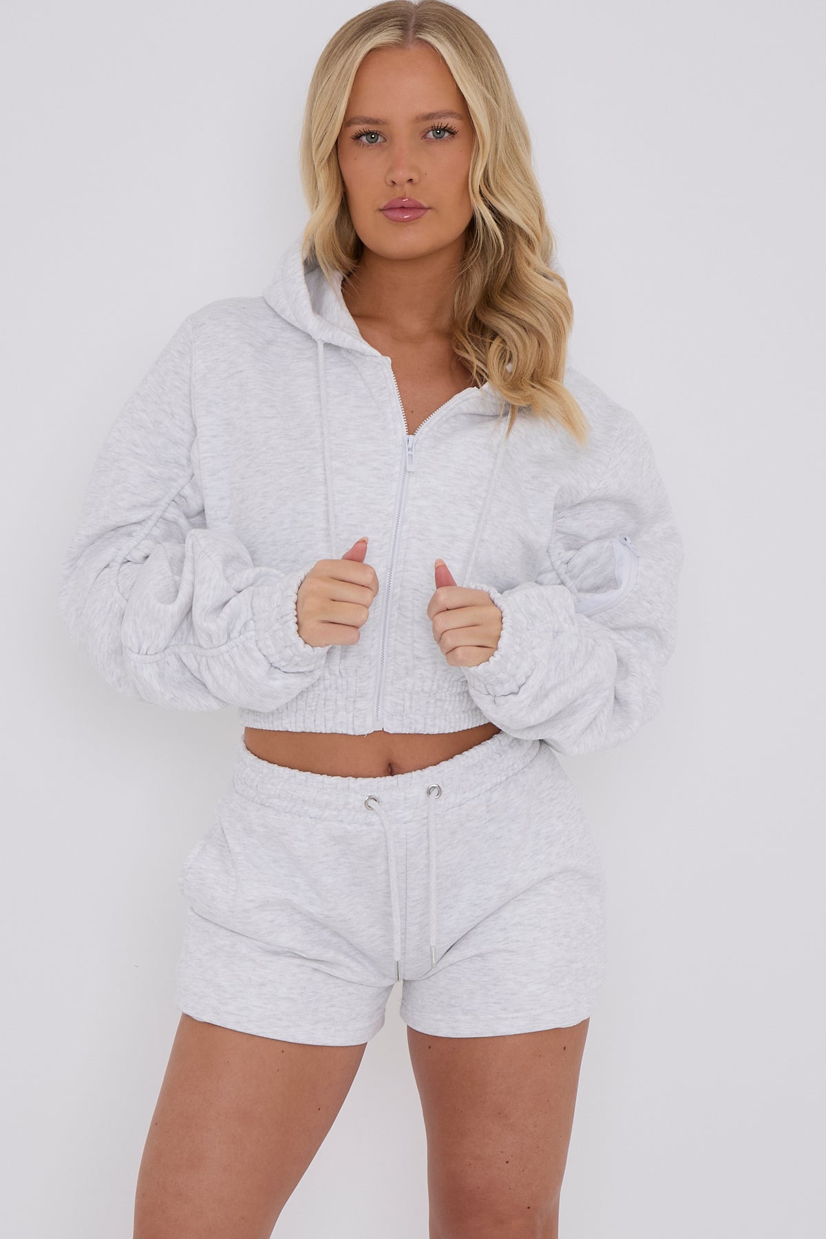 Cropped Zip Up Ruched Sleeve Hoodie & Shorts Fleece Co-ord