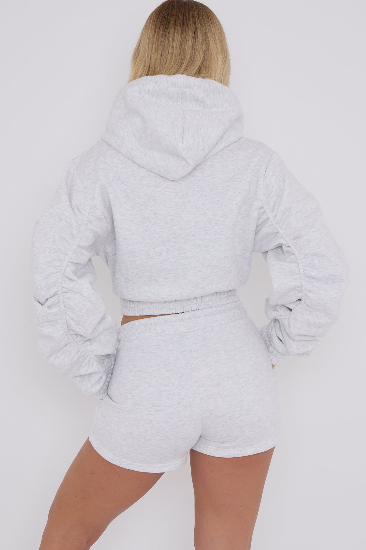 Cropped Zip Up Ruched Sleeve Hoodie & Shorts Fleece Co-ord