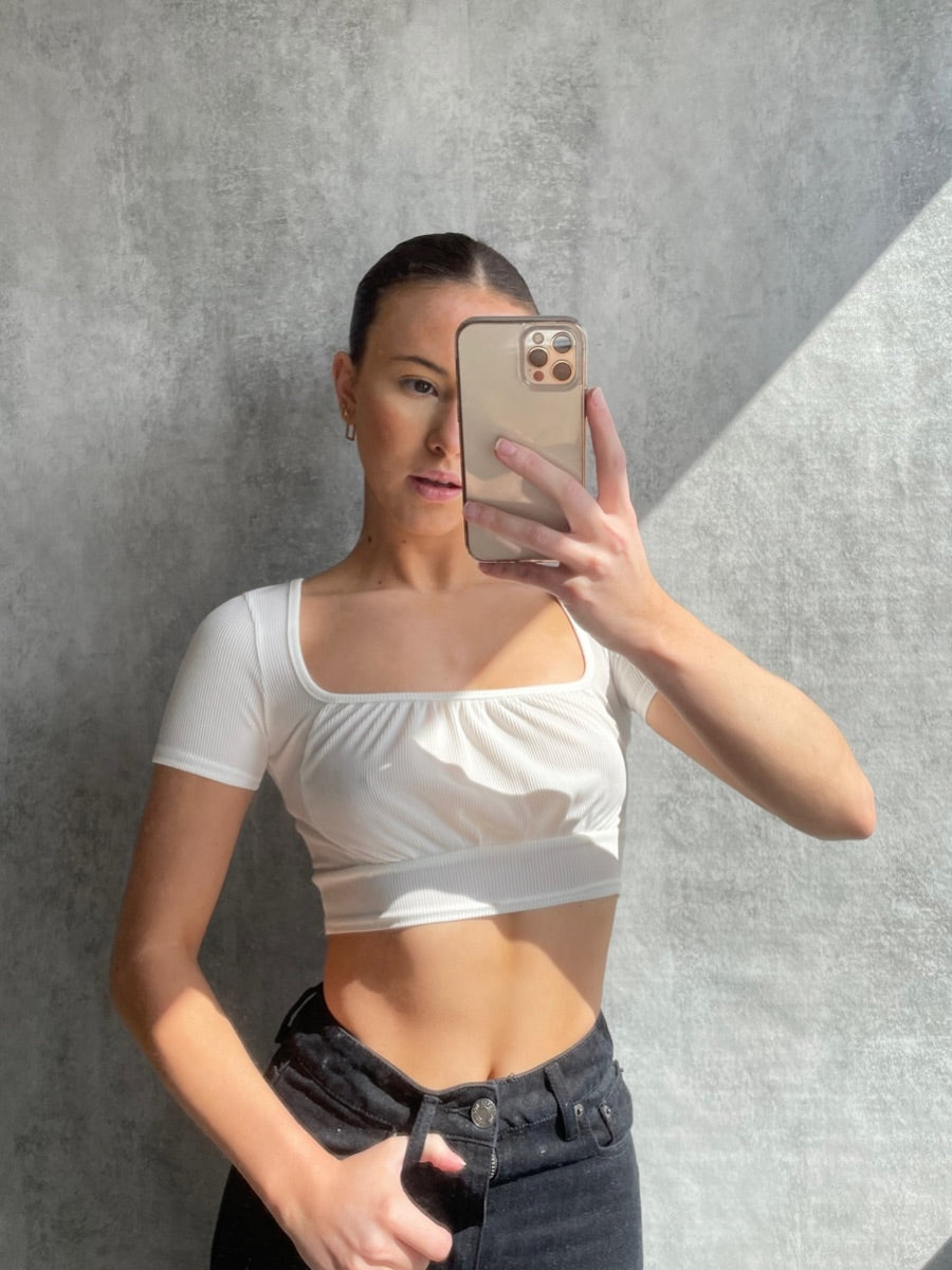 Square Neck Ruched Front Ribbed Crop Top