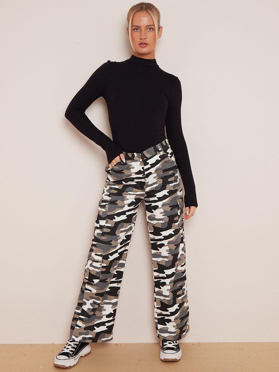 Camouflage Wide Leg Denim Cargo Trousers