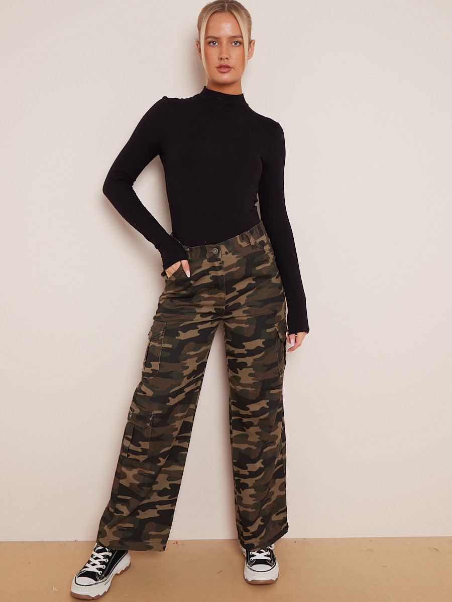 Camouflage Wide Leg Denim Cargo Trousers