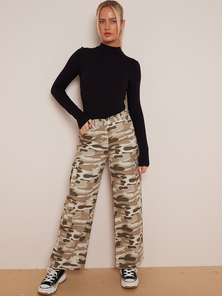 Camouflage Wide Leg Denim Cargo Trousers