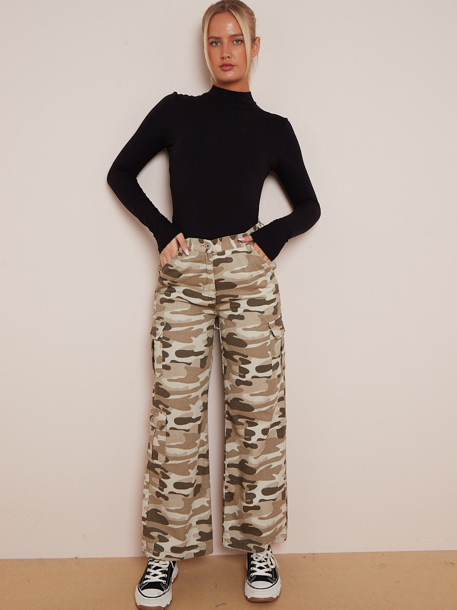 Camouflage Wide Leg Denim Cargo Trousers