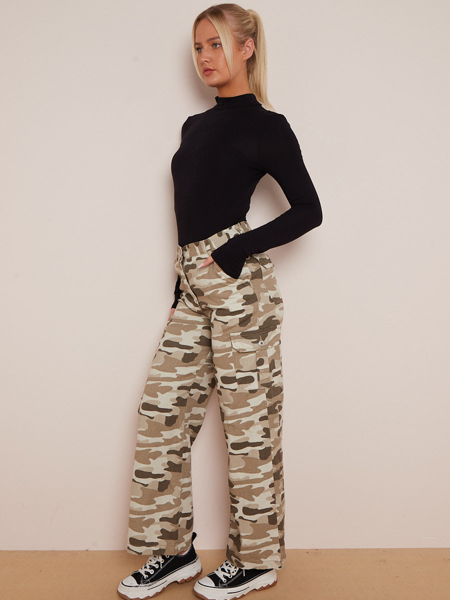 Camouflage Wide Leg Denim Cargo Trousers