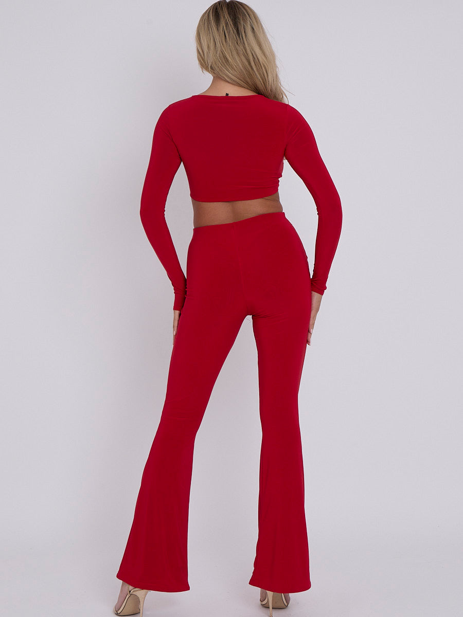 Cut Out Twist Front Crop Top & Flared Trouser Co-ord