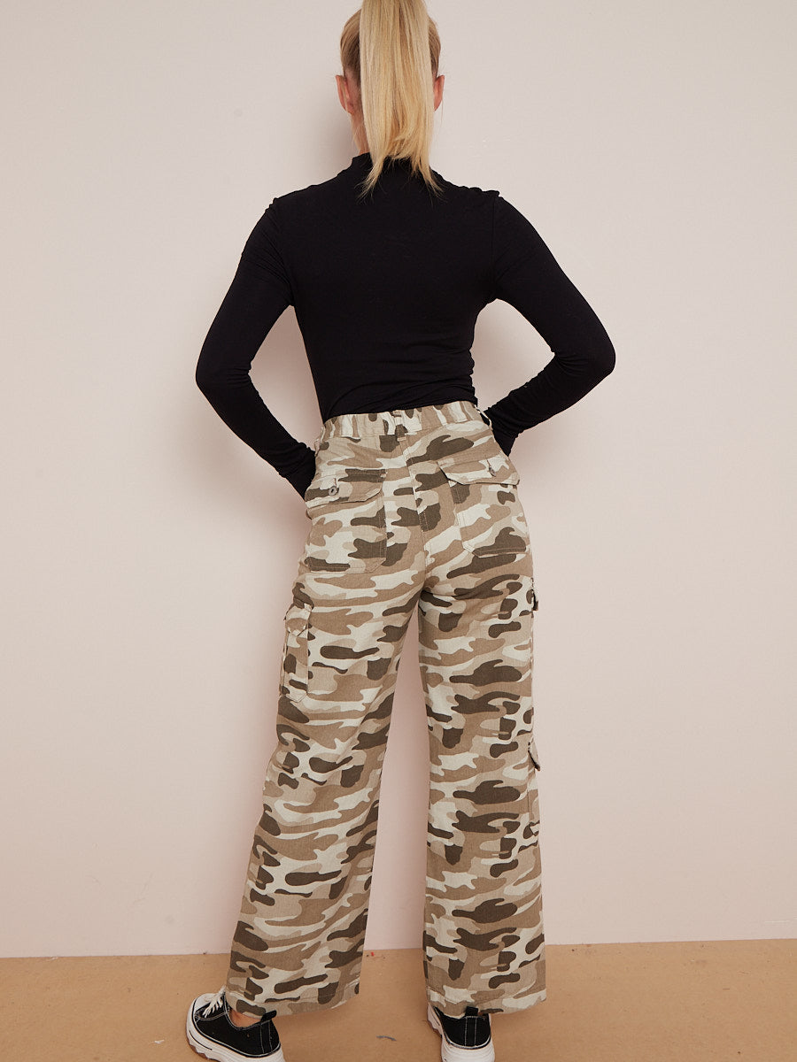 Camouflage Wide Leg Denim Cargo Trousers