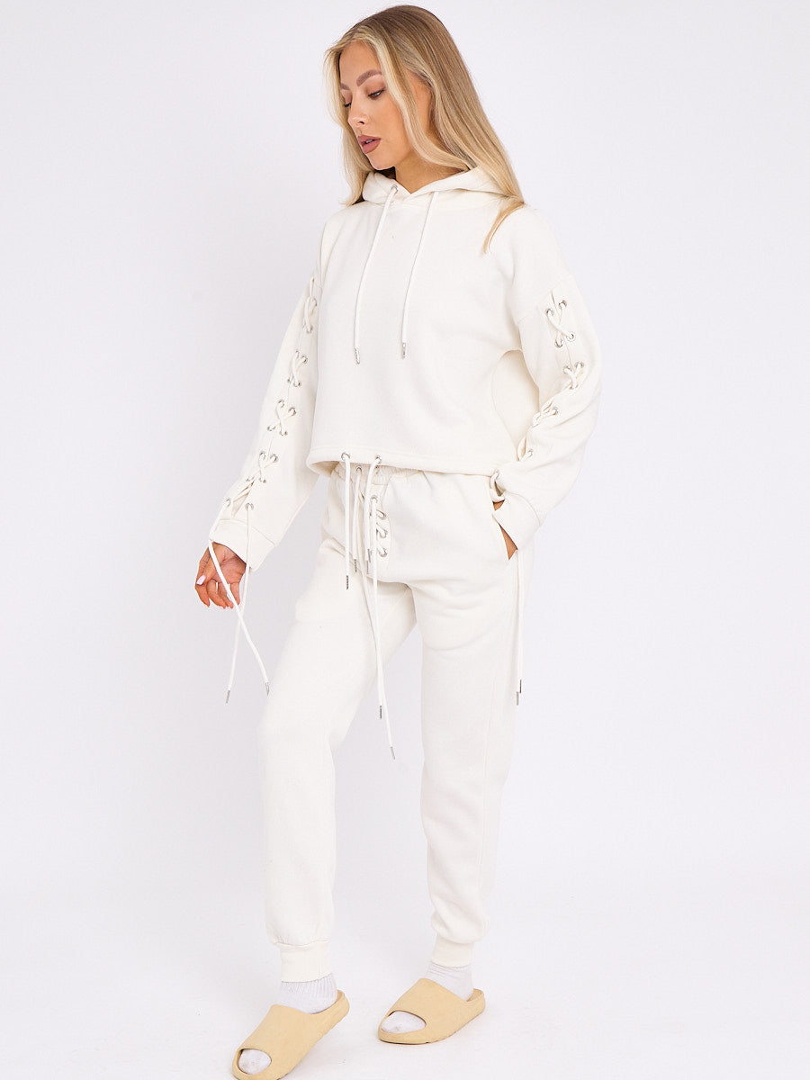 Eyelet Lace Up Detail Hoodie & Jogger Fleece Co-ord