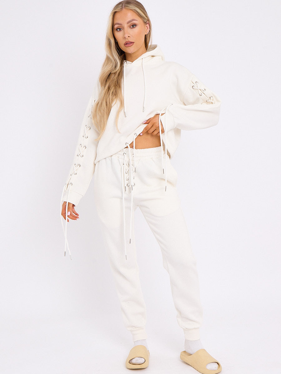 Eyelet Lace Up Detail Hoodie & Jogger Fleece Co-ord