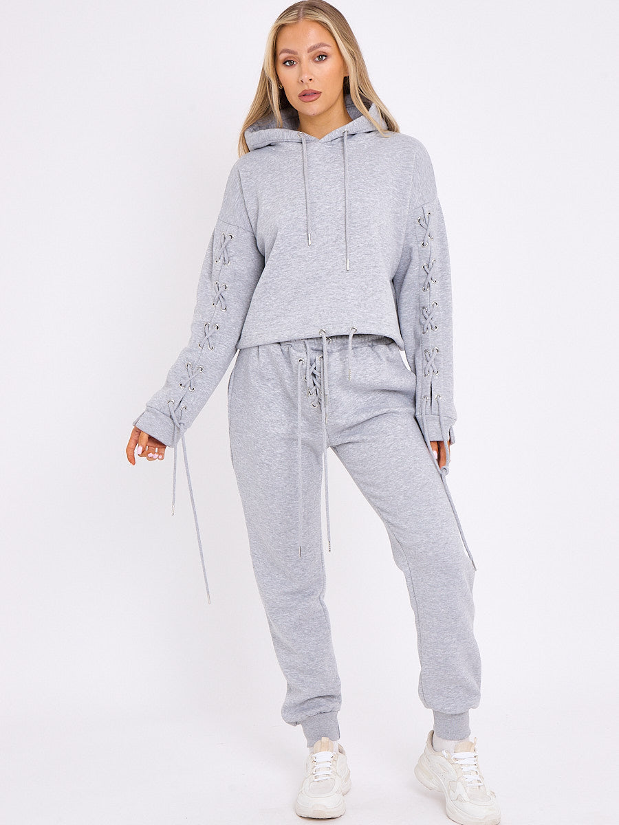 Eyelet Lace Up Detail Hoodie & Jogger Fleece Co-ord