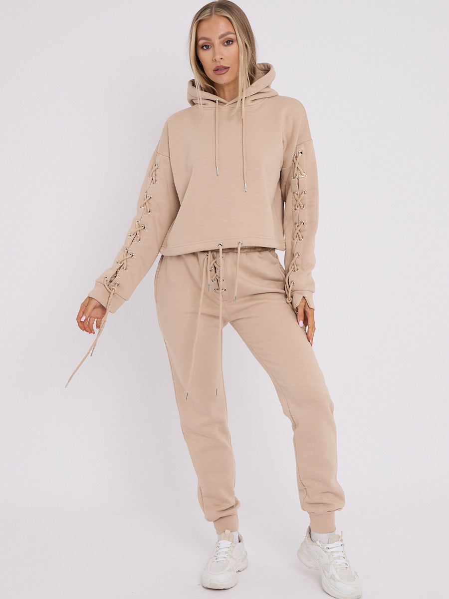 Eyelet Lace Up Detail Hoodie & Jogger Fleece Co-ord