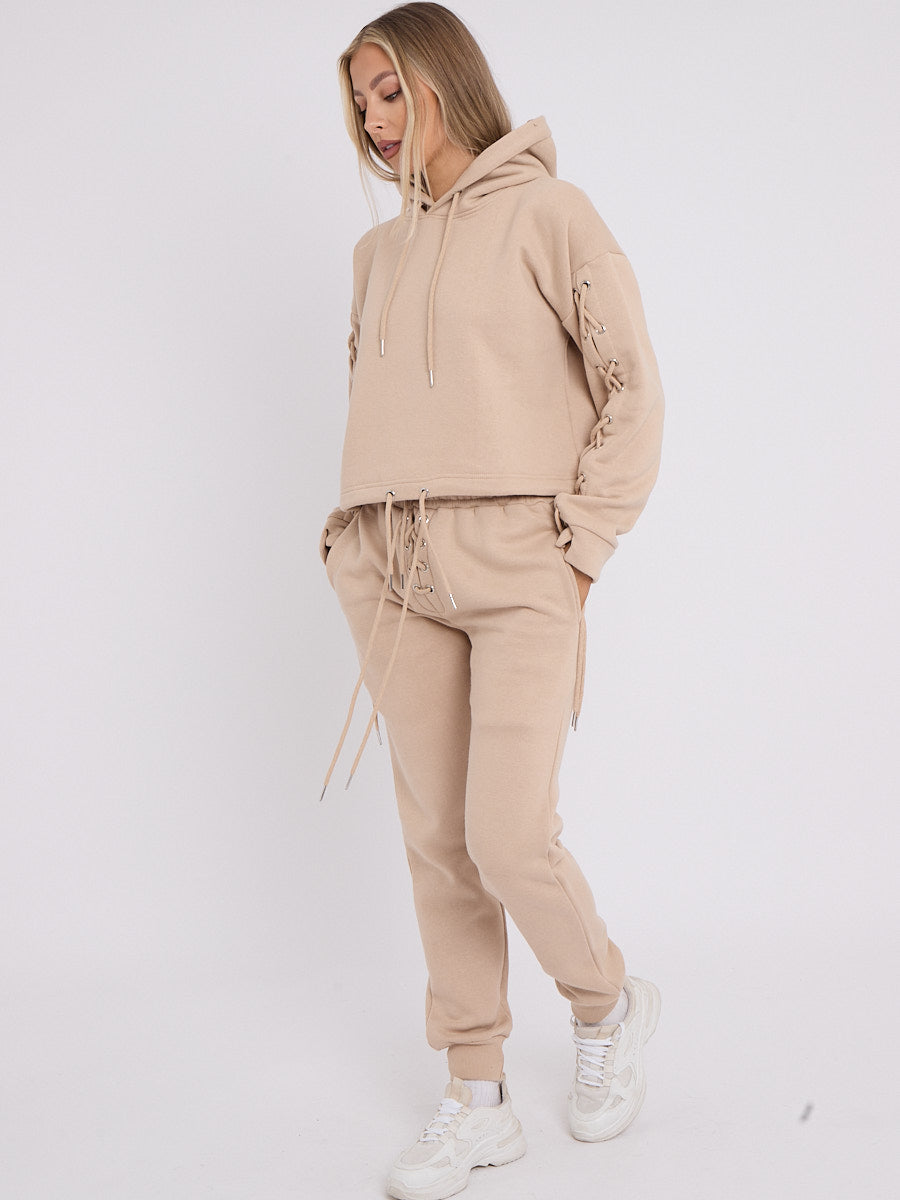Eyelet Lace Up Detail Hoodie & Jogger Fleece Co-ord