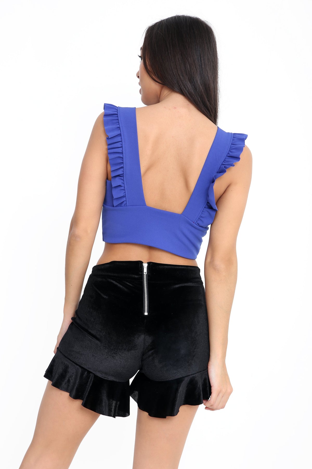 Ruched Frill Strap Plunge Crop Top