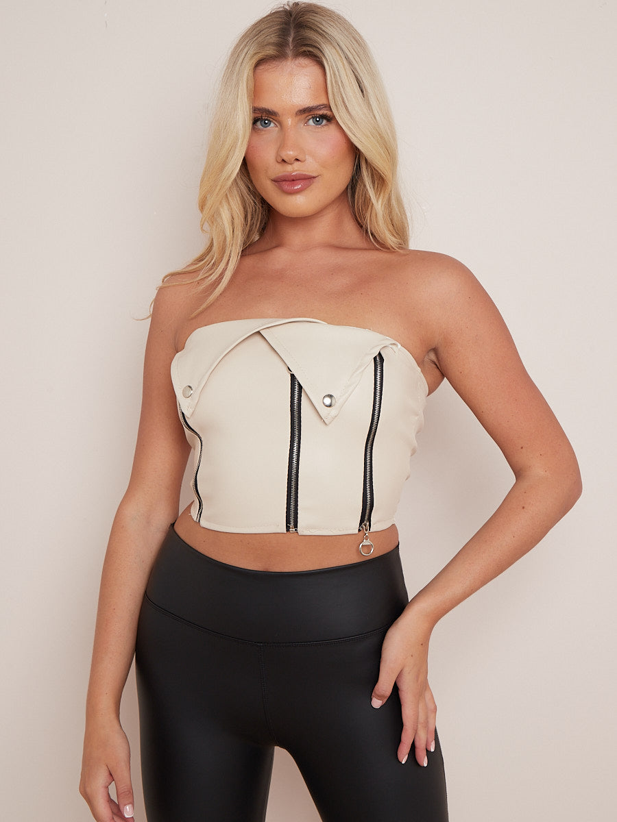 Faux Leather Bandeau Crop Top With Zip Detail
