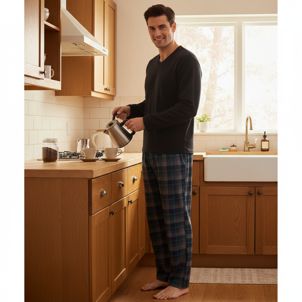 Men's Checkered Pyjamas Loungewear Fleece Top and Cotton Bottoms