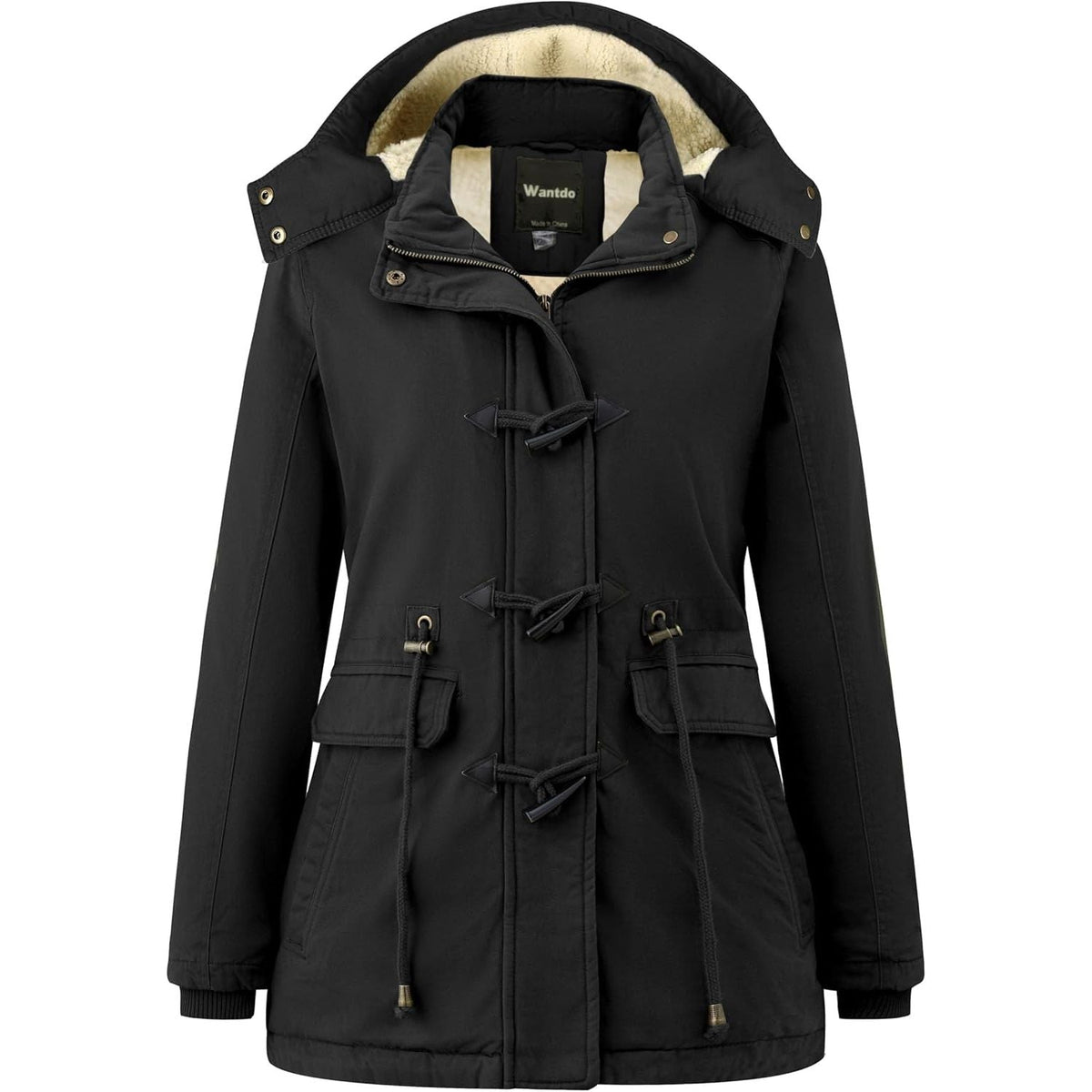 Womens Winter Parka Coat Sherpa Lined Hooded Twill Cotton Size L Black