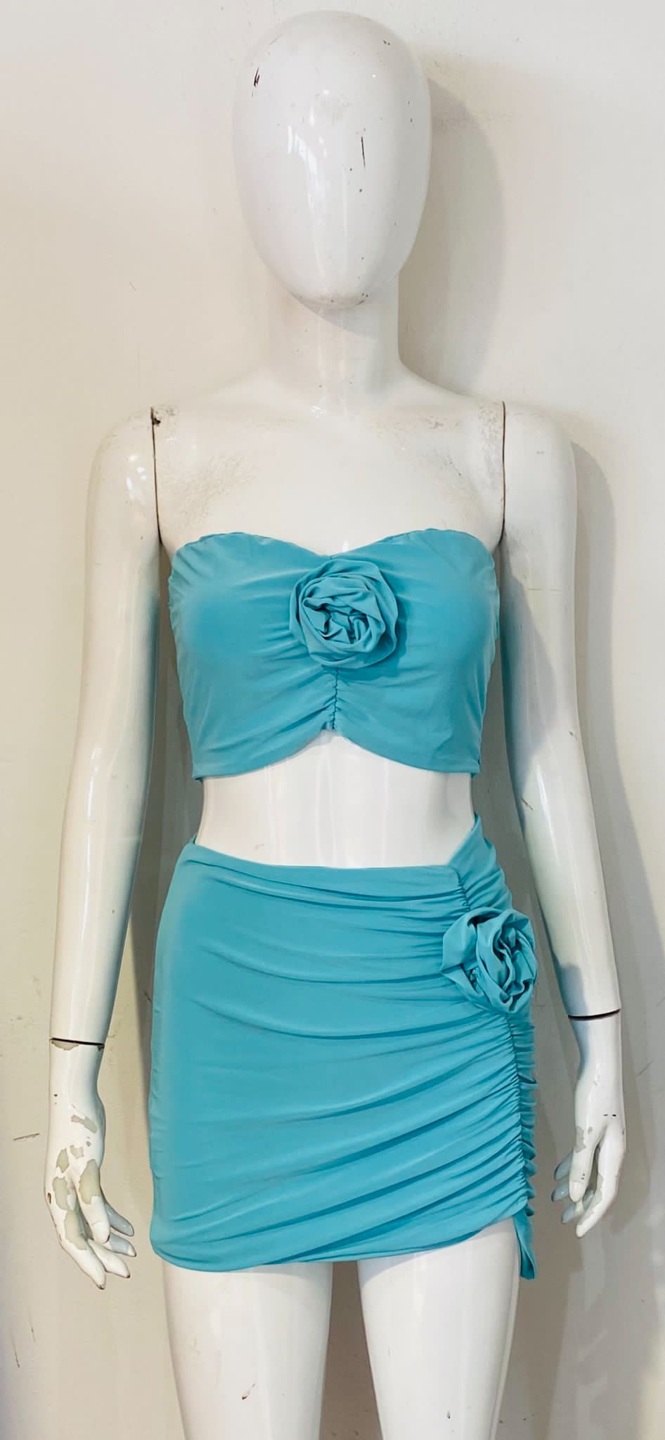 Rose Detail Ruched Bandeau Crop Top & Mini Skirt Co-ord