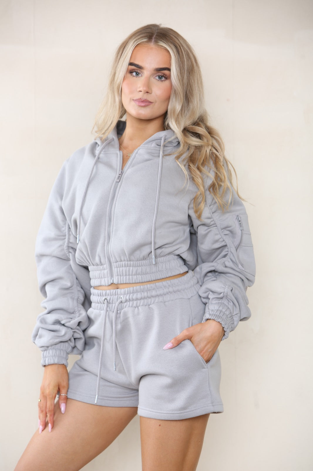 Cropped Zip Up Ruched Sleeve Hoodie & Shorts Fleece Co-ord