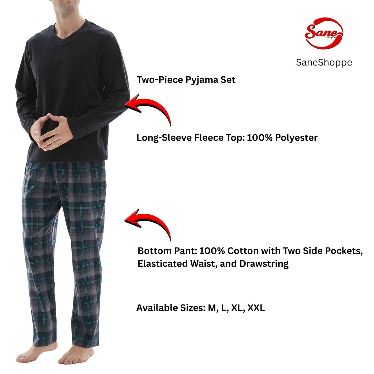 Men's Checkered Pyjamas Loungewear Fleece Top and Cotton Bottoms