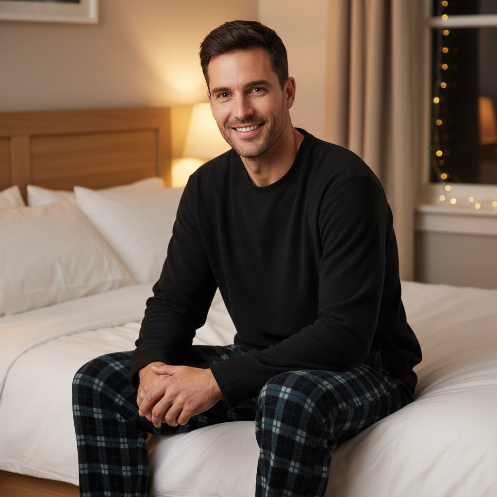 Men's Fleece Pyjama Set: Cozy Black Long Sleeve Loungewear for Ultimate Comfort
