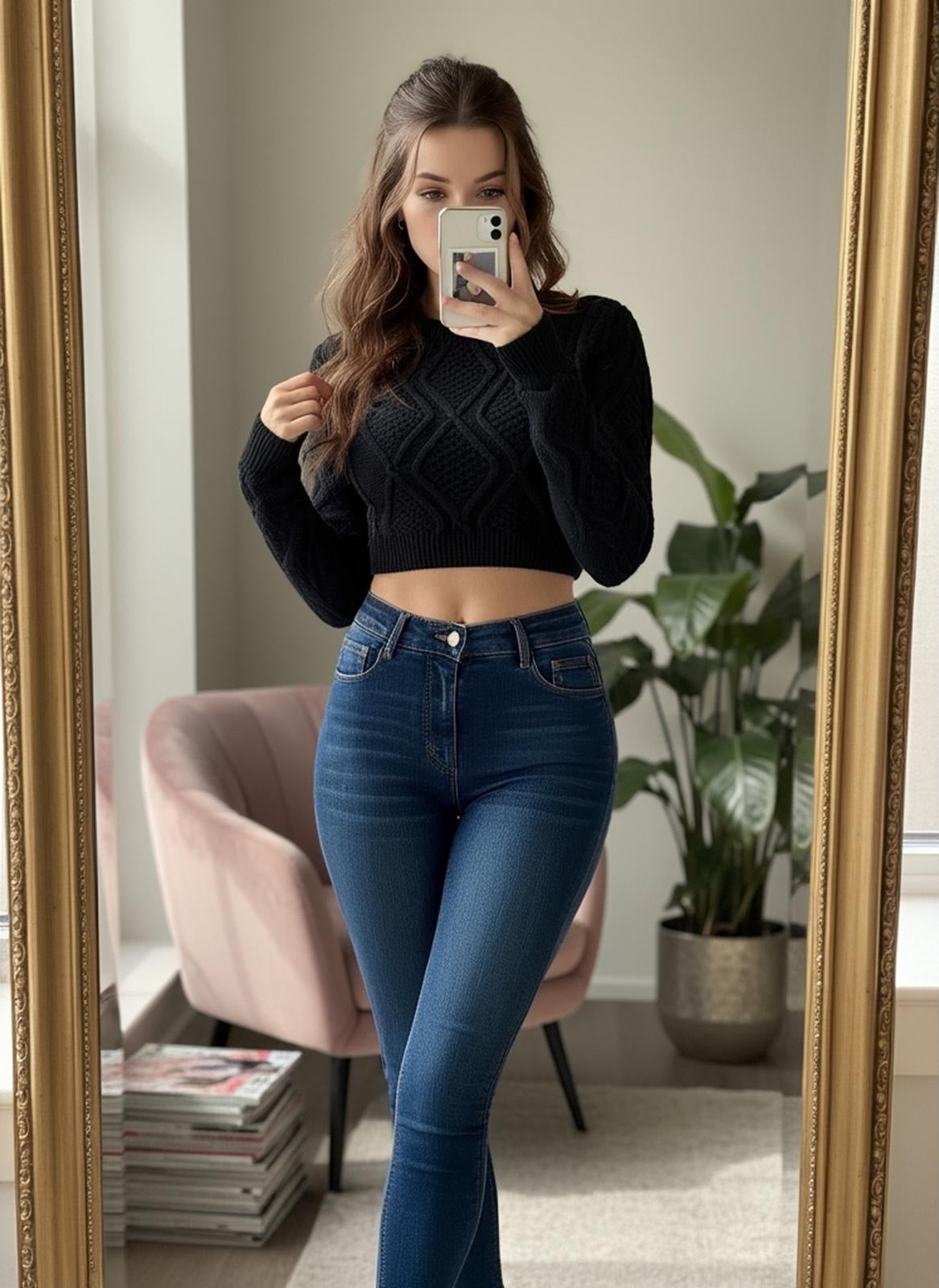Cable Knit Diamond-Pattern Cropped Sweater