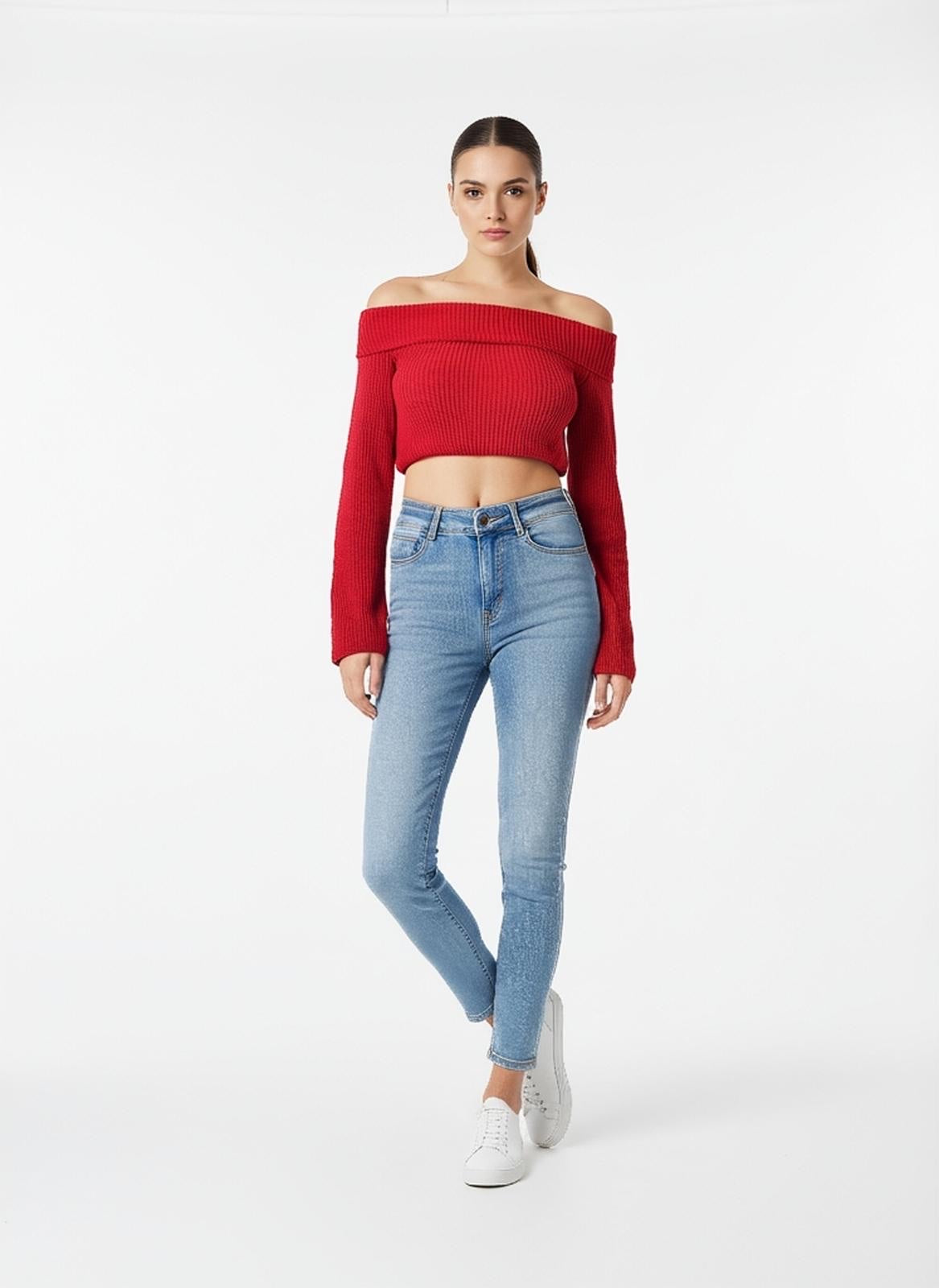 Ribbed Off-the-Shoulder Cropped Jumper