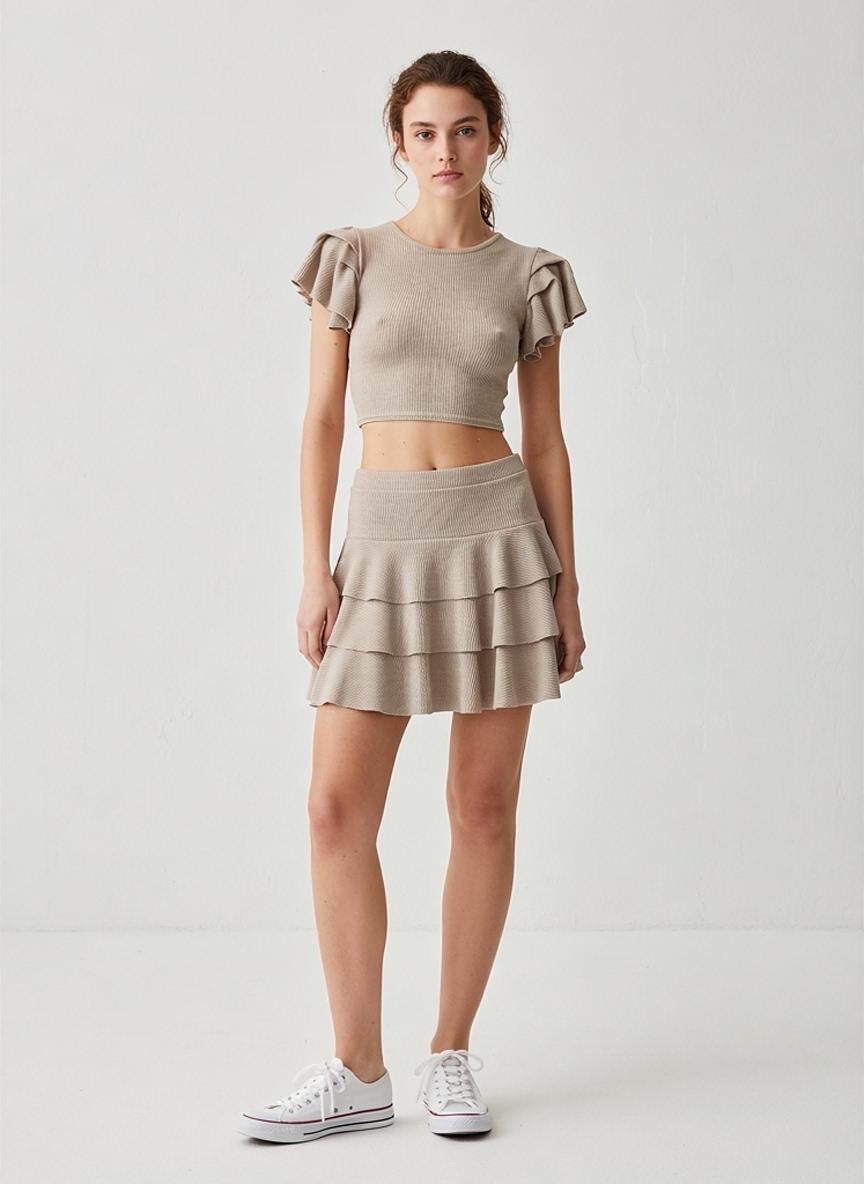 Ribbed Ruffle-Sleeve Crop Top and Tiered Mini Skirt Co-ord