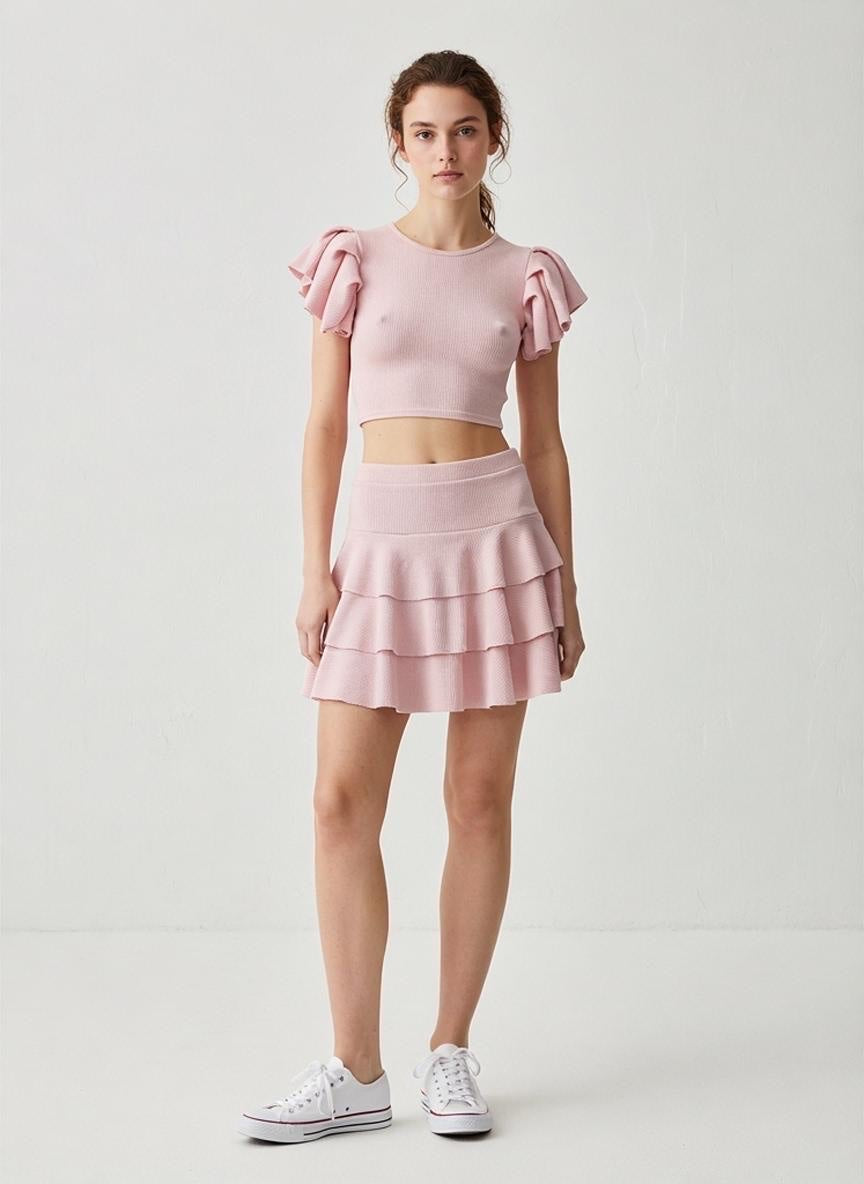 Ribbed Ruffle-Sleeve Crop Top and Tiered Mini Skirt Co-ord