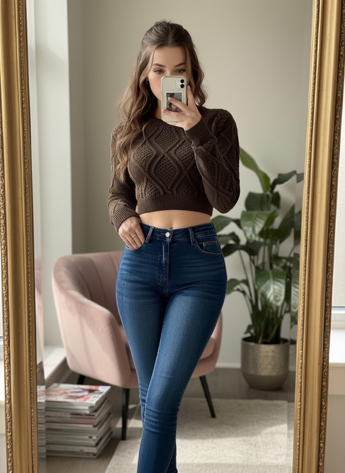 Cable Knit Diamond-Pattern Cropped Sweater