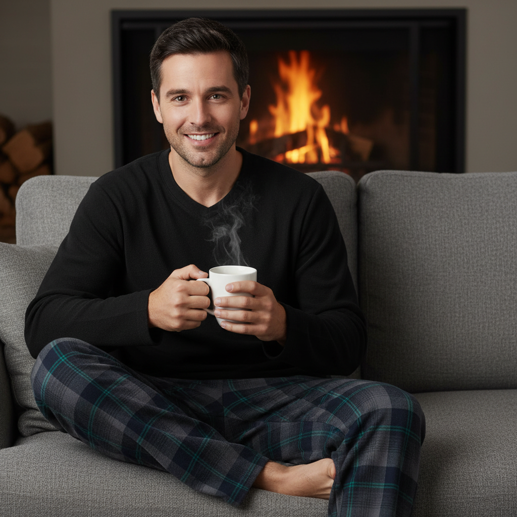 Men's Checkered Pyjamas Loungewear Fleece Top and Cotton Bottoms