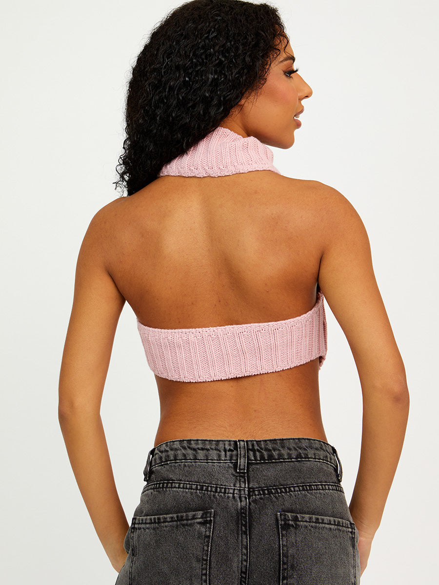Halter Roll Neck Asymmetric Hem Knitted Crop Top