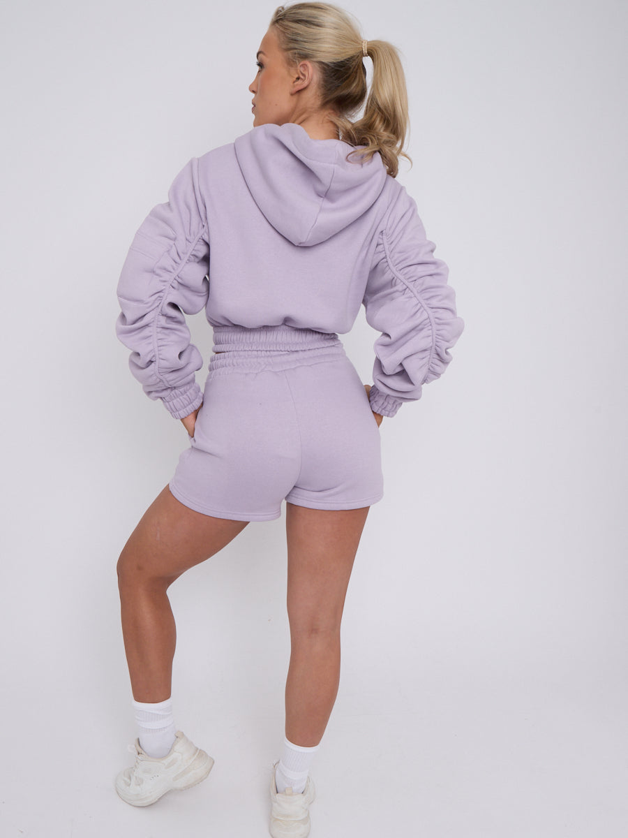 Cropped Zip Up Ruched Sleeve Hoodie & Shorts Fleece Co-ord