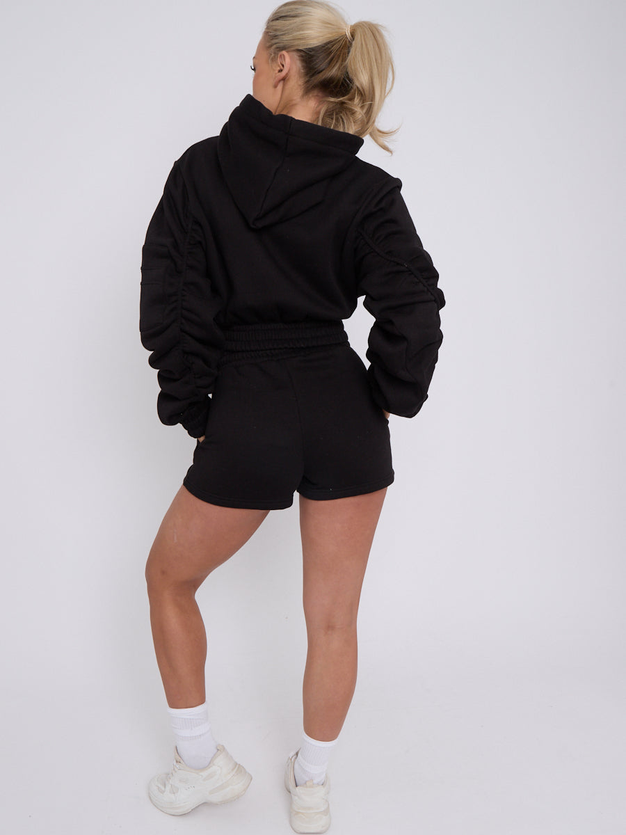 Cropped Zip Up Ruched Sleeve Hoodie & Shorts Fleece Co-ord