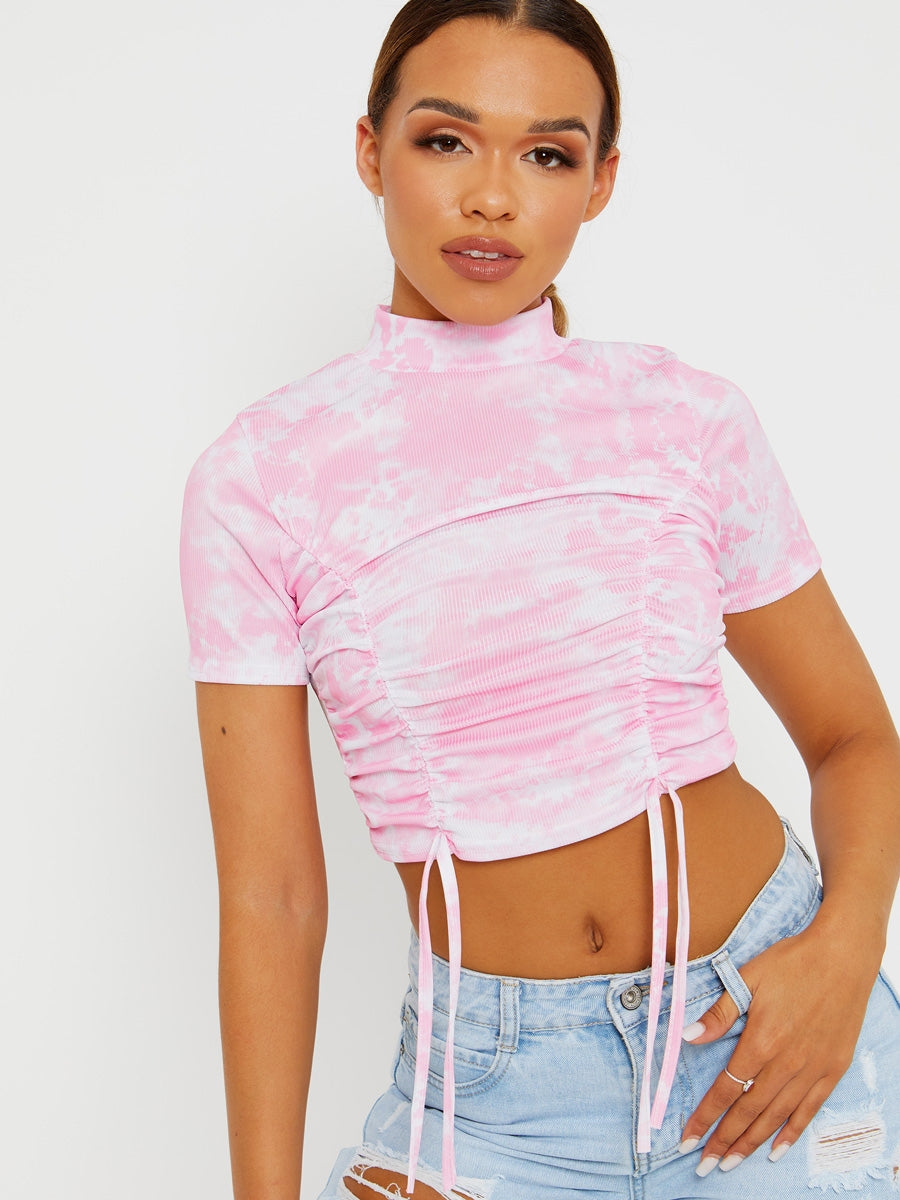 Tie-Dye Ribbed Ruched Crop Top