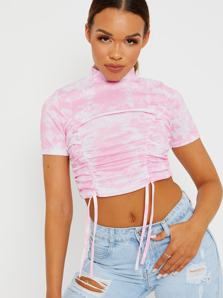 Tie-Dye Ribbed Ruched Crop Top
