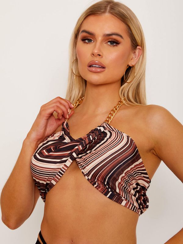 Marble Print Wrap Front Gold Chain Halter Crop Top