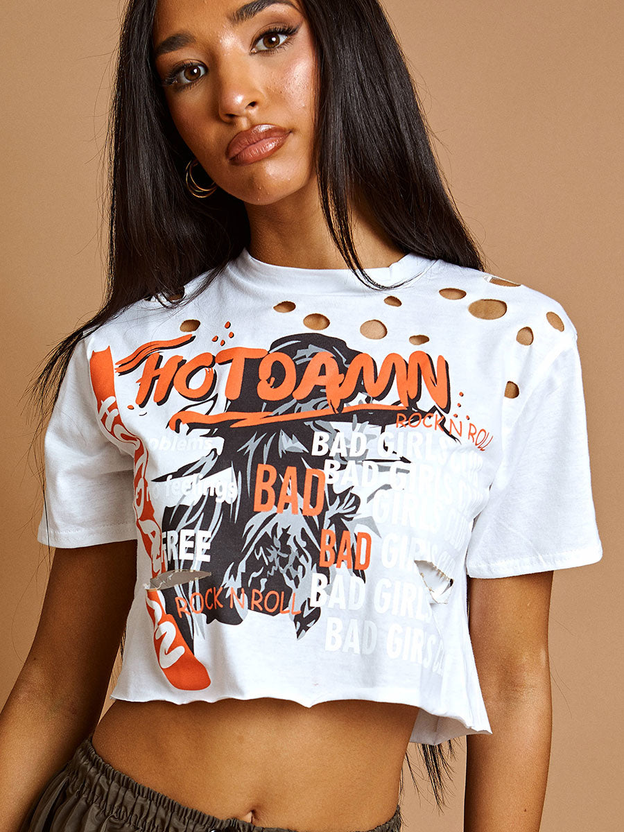 Hot Damn Graphic Laser Cut Crop Top