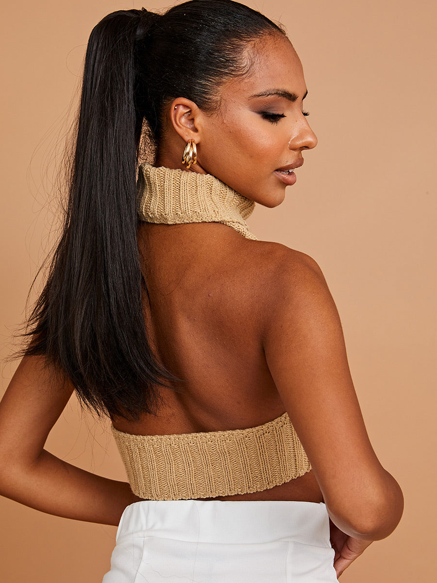 Halter Roll Neck Asymmetric Hem Knitted Crop Top
