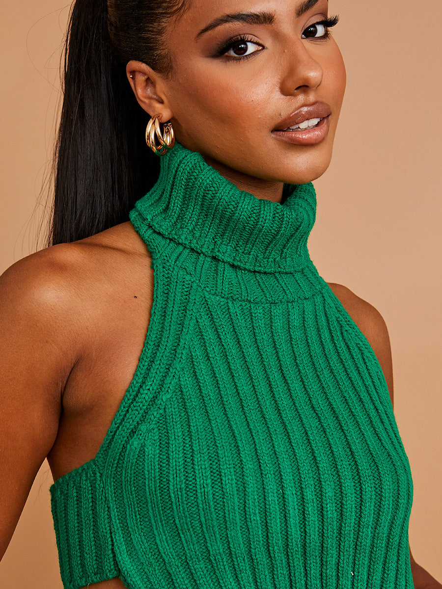 Halter Roll Neck Asymmetric Hem Knitted Crop Top