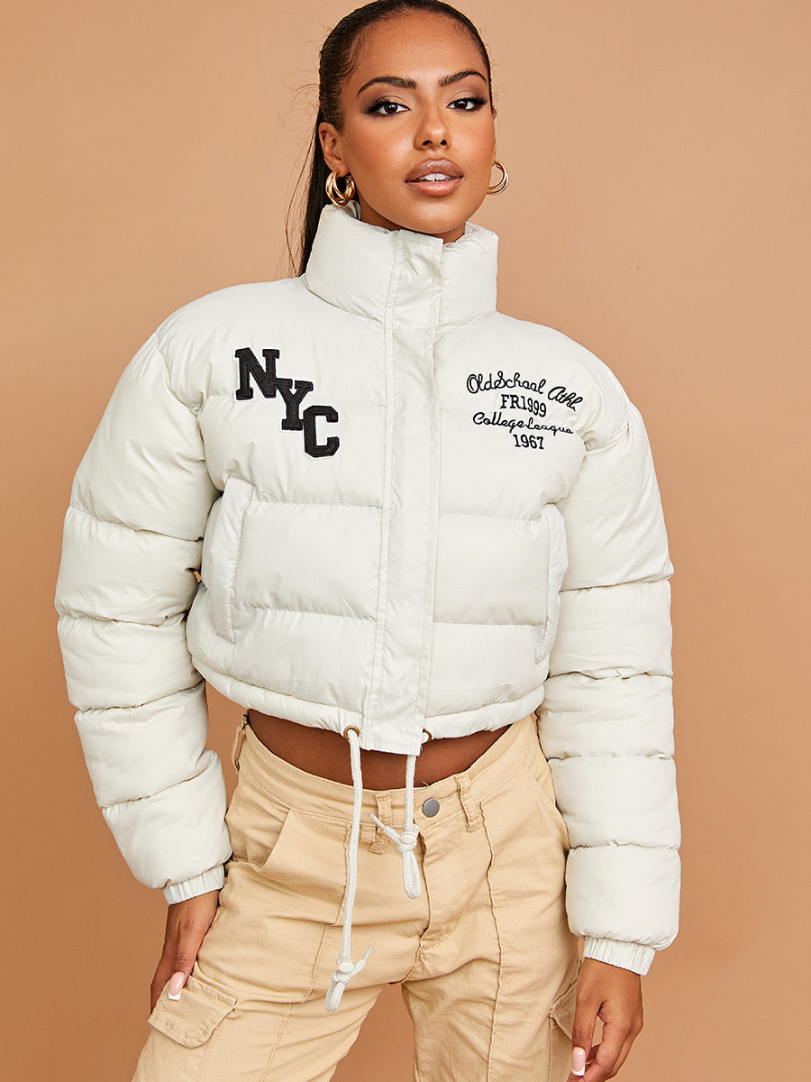 NYC Embroidered Cropped Puffer Jacket
