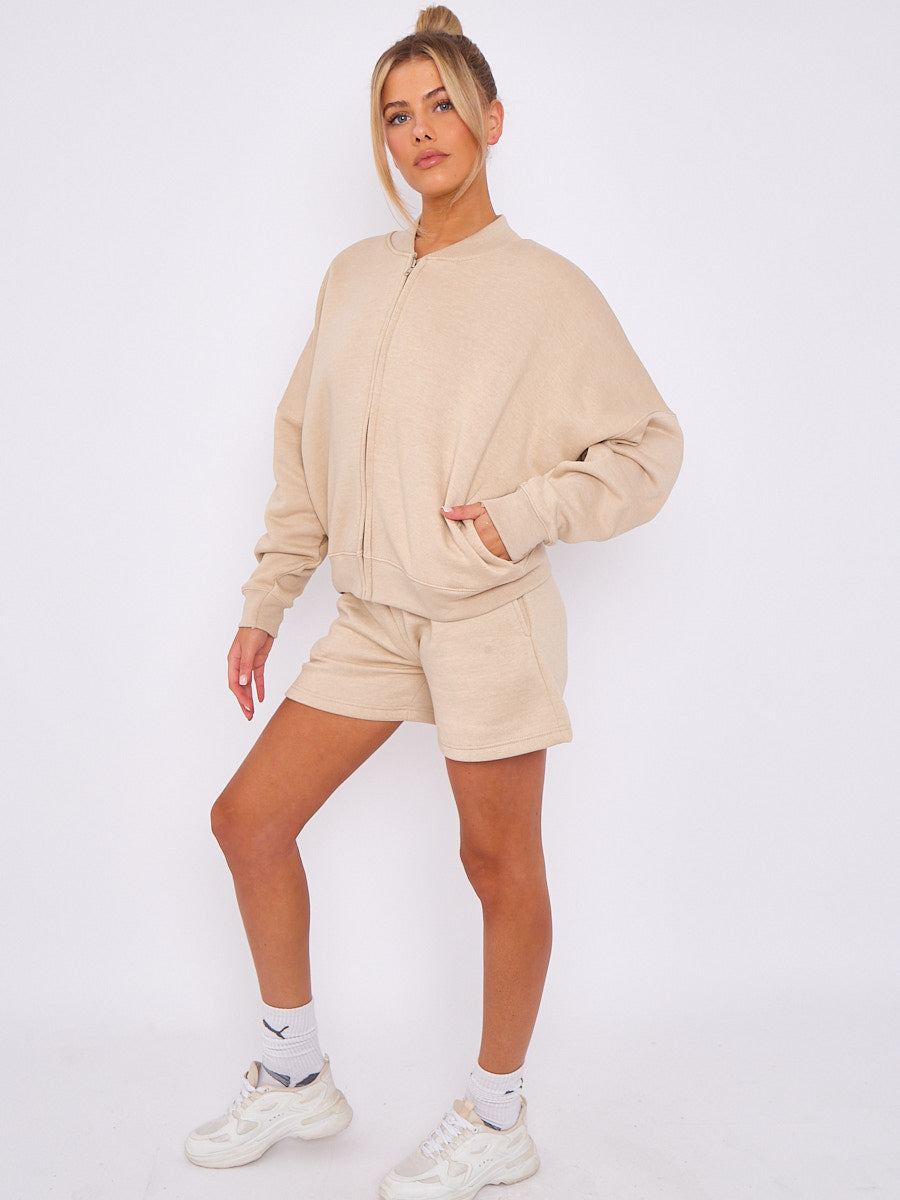Oversized Bomber Style Fleece Zipper & Shorts Co-ord
