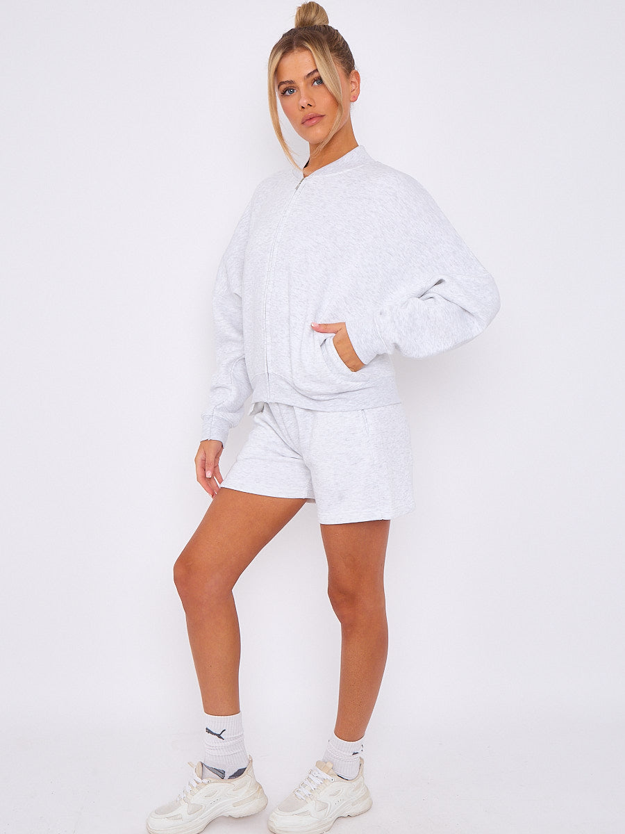 Oversized Bomber Style Fleece Zipper & Shorts Co-ord