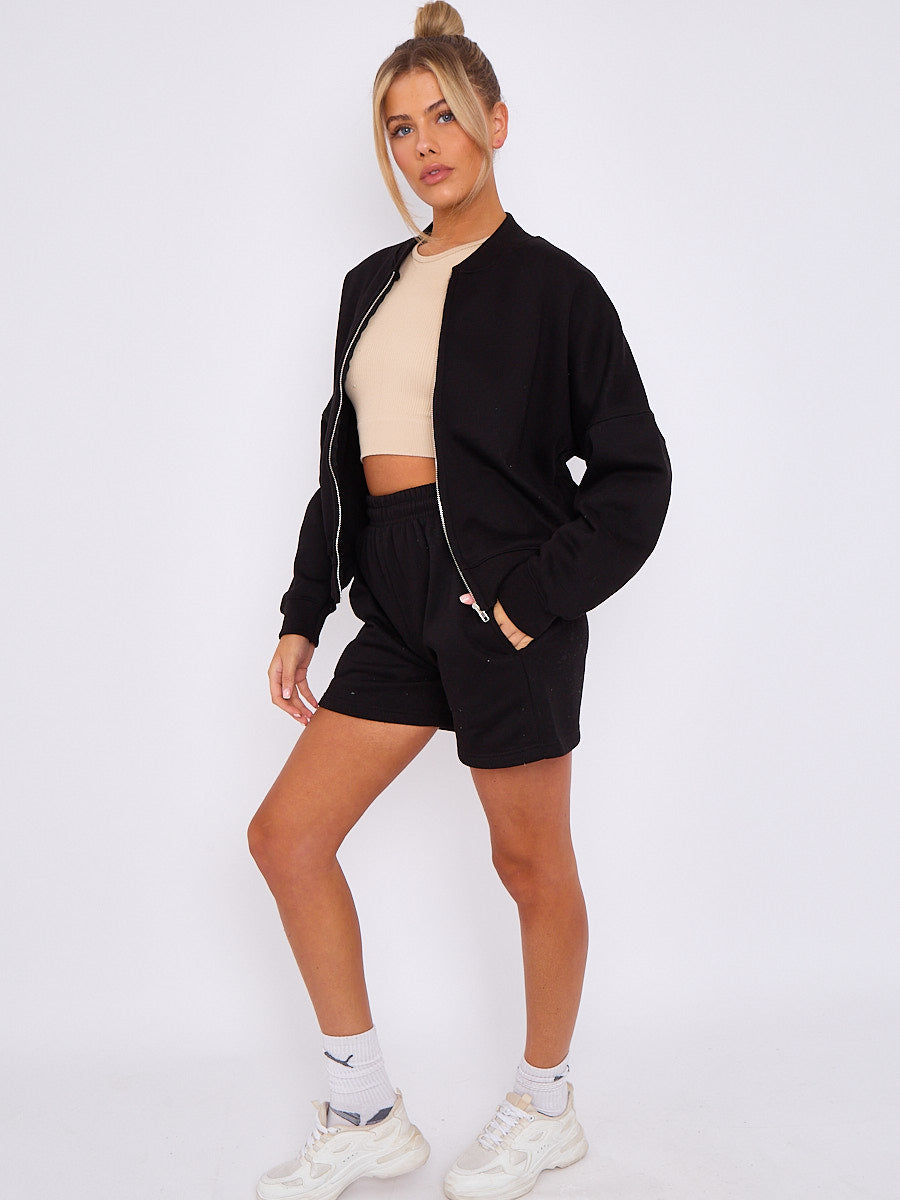 Oversized Bomber Style Fleece Zipper & Shorts Co-ord