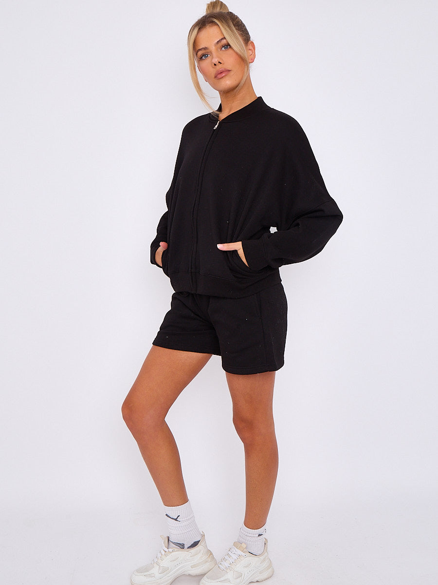 Oversized Bomber Style Fleece Zipper & Shorts Co-ord