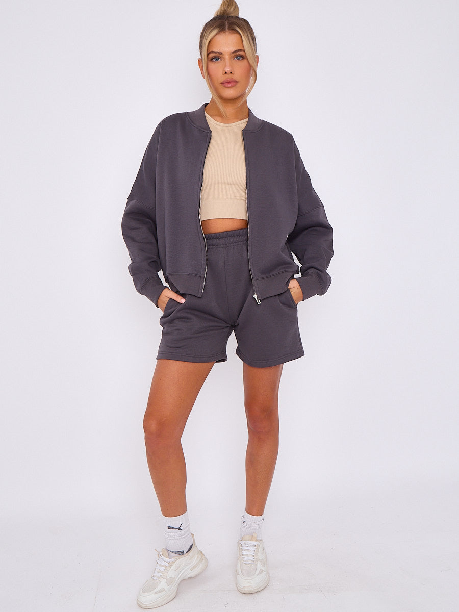 Oversized Bomber Style Fleece Zipper & Shorts Co-ord