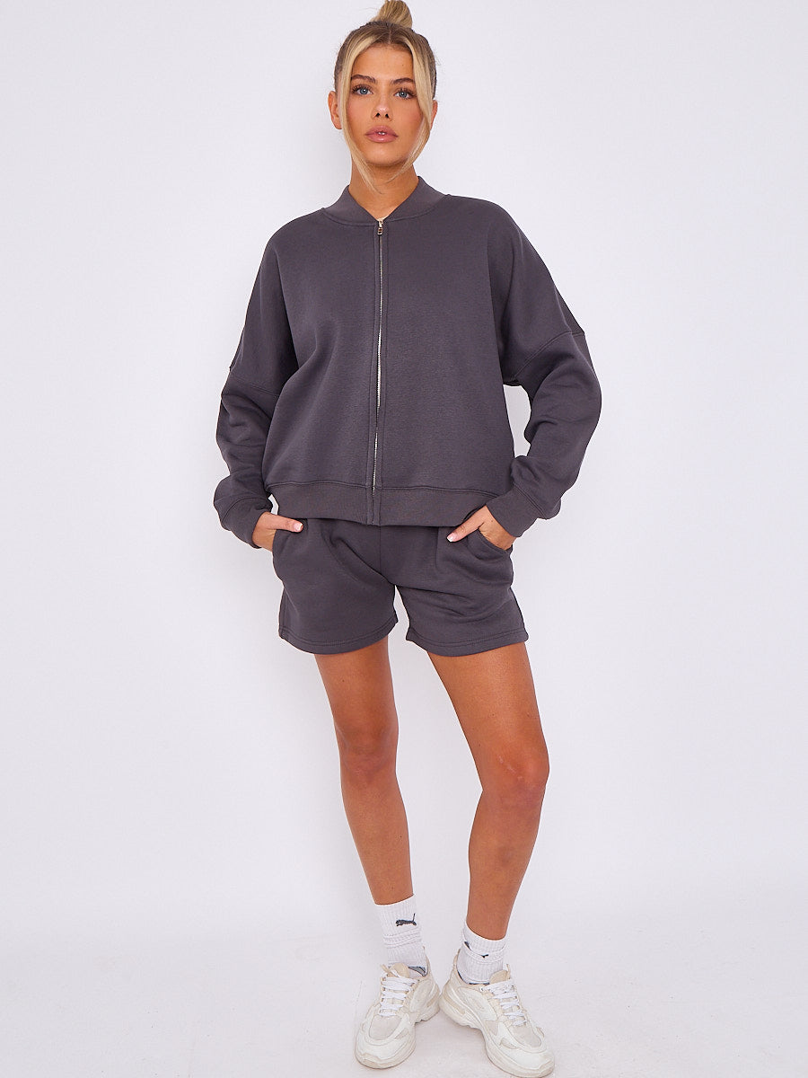 Oversized Bomber Style Fleece Zipper & Shorts Co-ord