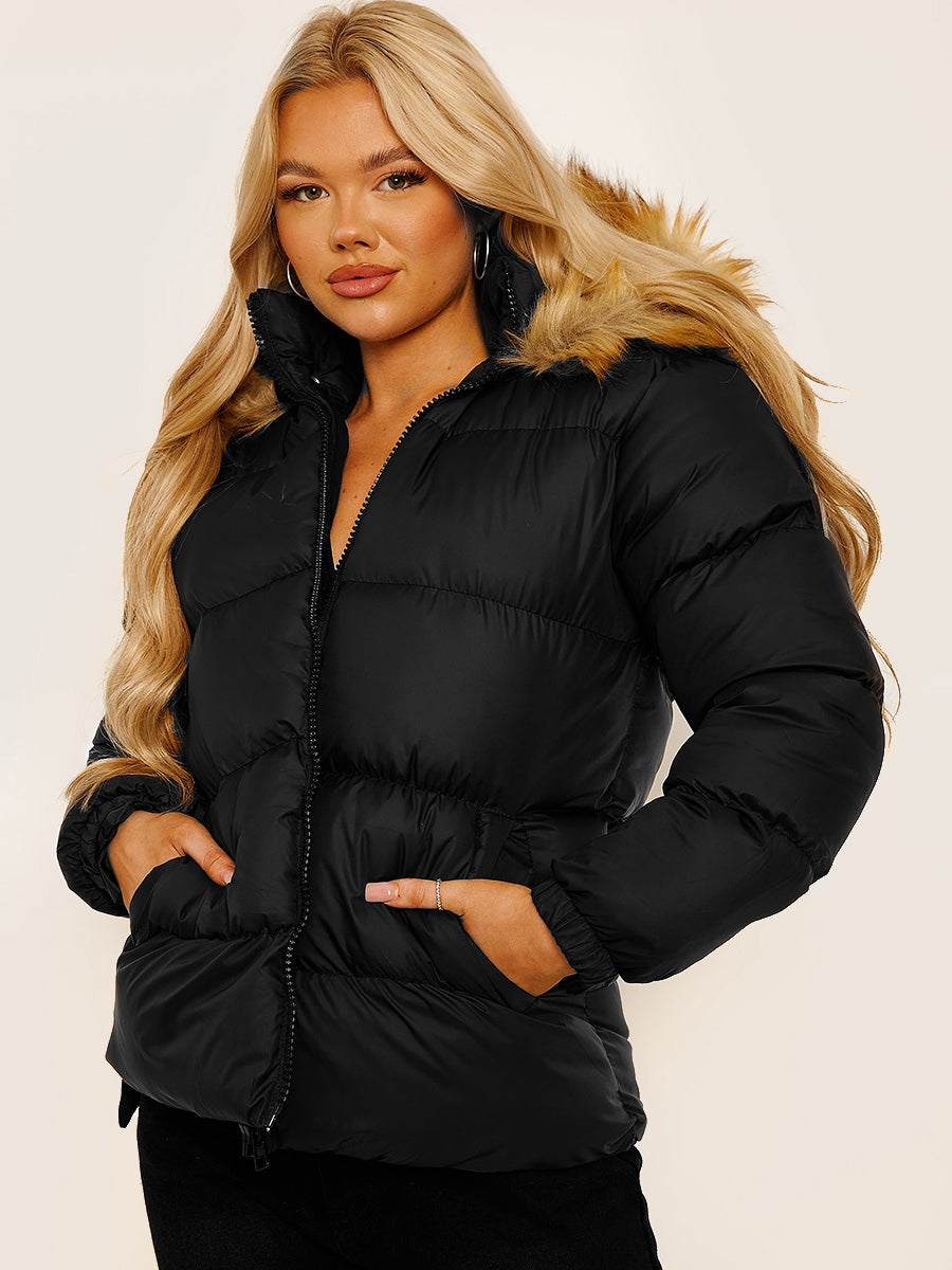 Faux Fur Trim Hood Padded Puffer Jacket