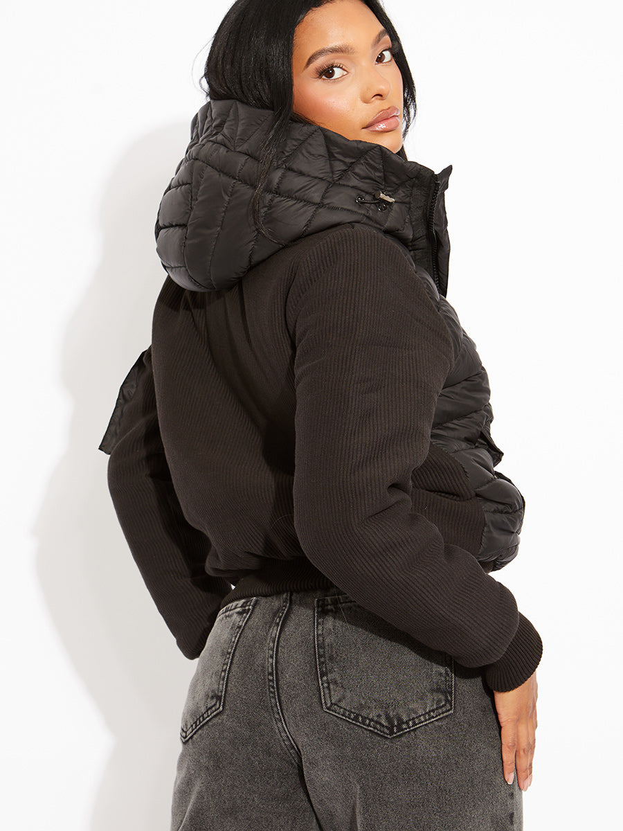 Puffer Bomber Jacket with Ribbed Sleeves