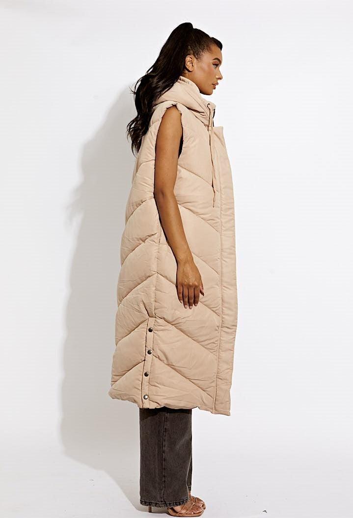 Turtle Neck Hooded Longline Padded Gilet
